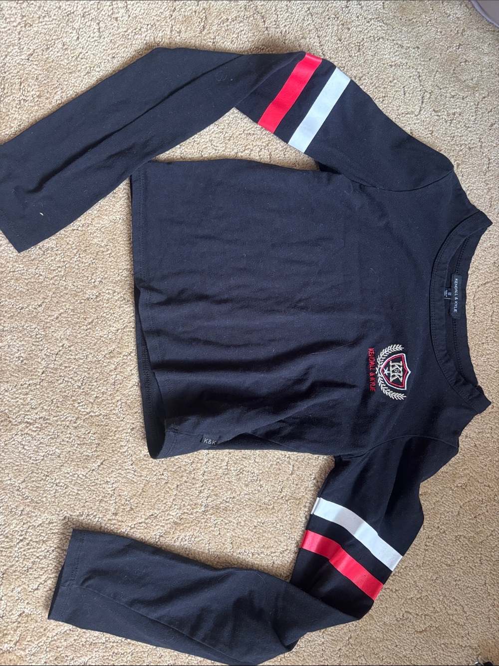 Ardene Black Long Sleeve Top with Red & White Sleeve Stripes
